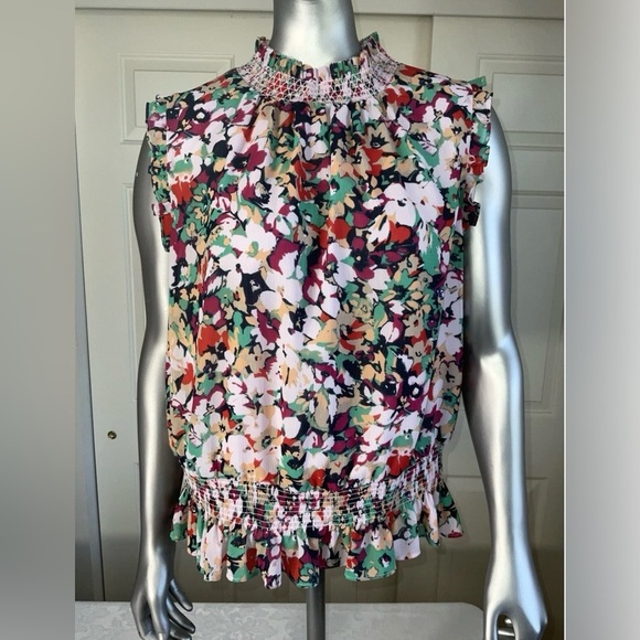 J. Crew Tops - J.CREW Red Floral Print Ruffle Neck Top Women Size 12 Sleeveless